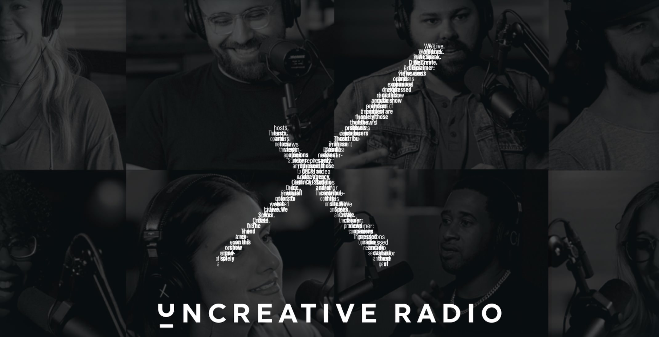 White Uncreative Radio logo with black and white background of people wearing headphones