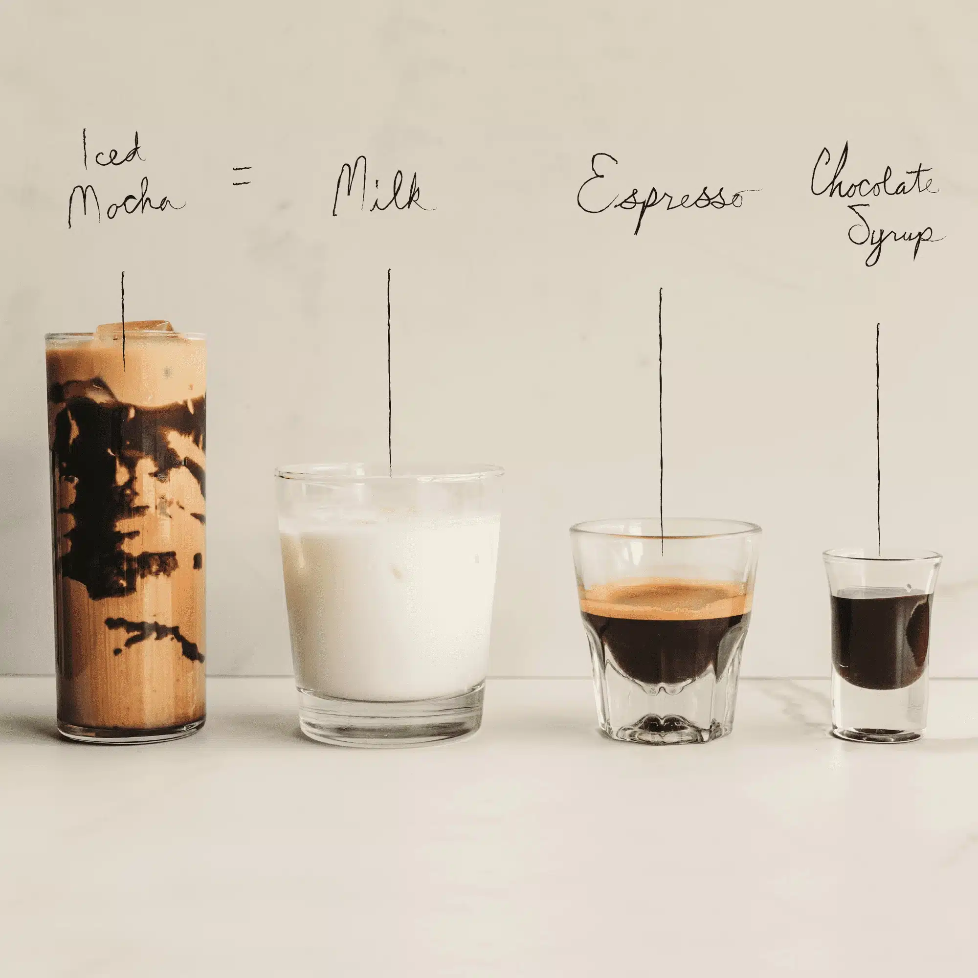 Brew Next Door 26 Side profile display of three ingredients to make iced mocha