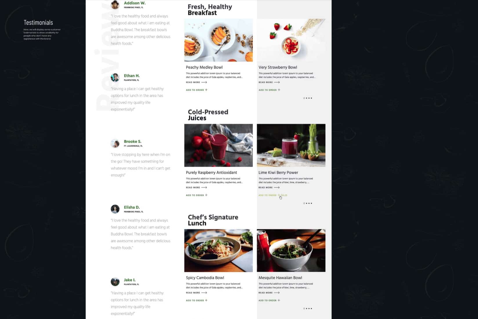 Testimonials and recipes mockup webpage