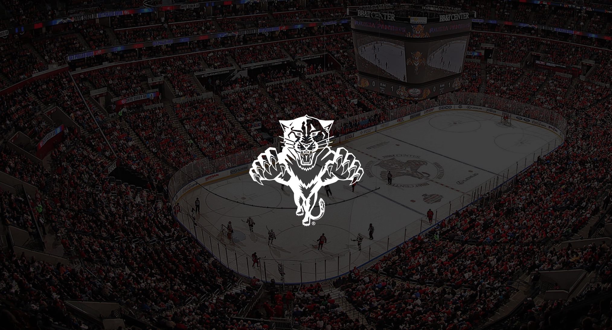 Keyword: The Florida Panthers .IU C&I Studios Page White Florida Panthers Hockey logo with dimmed background of aerial view of hockey rink with crowd