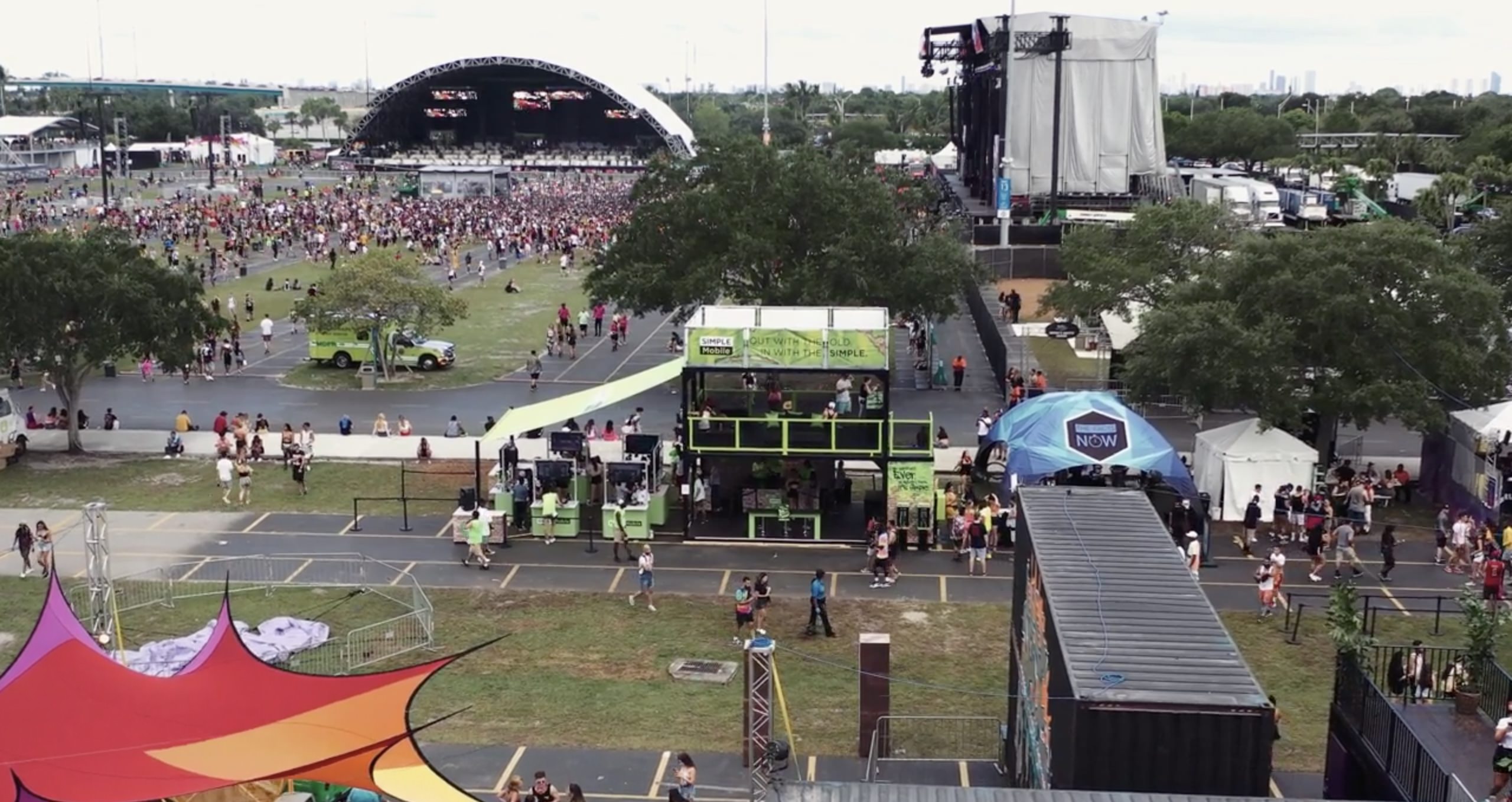 Overhead view of fairgrounds with booths