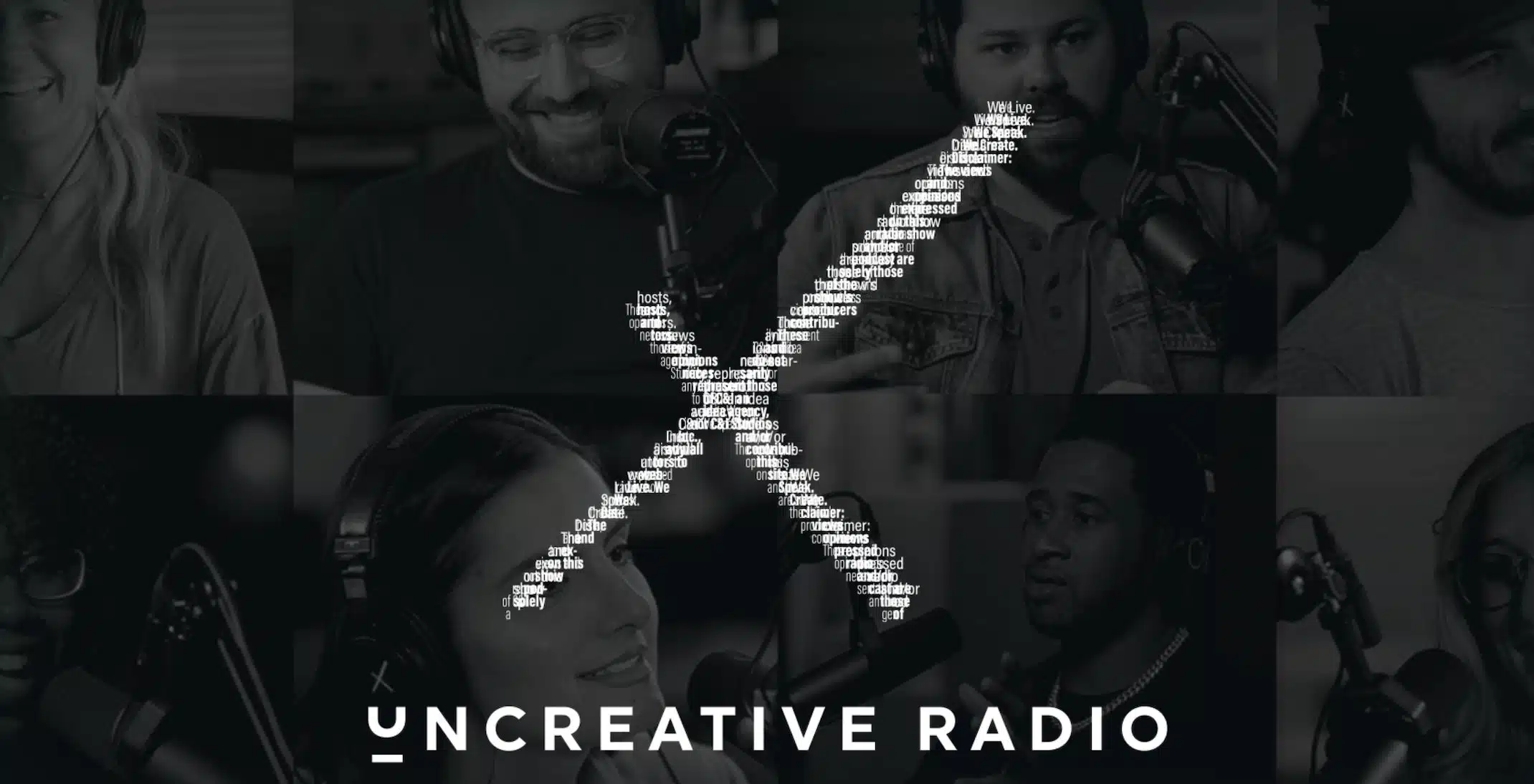 White Uncreative Radio logo with black and white background of people wearing headphones. Live streaming