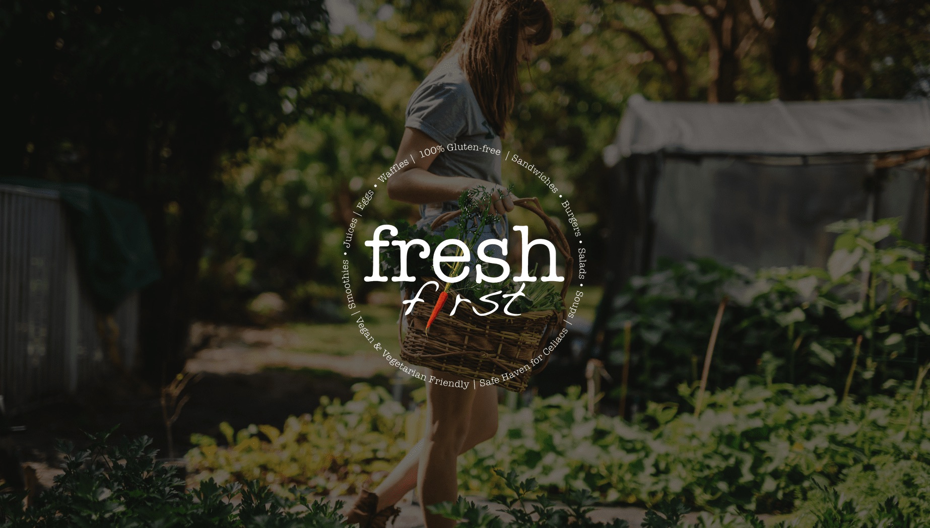 Keyword: Web Development .IU White Fresh First logo with a woman tending to a garden in the background carrying a basket of produce