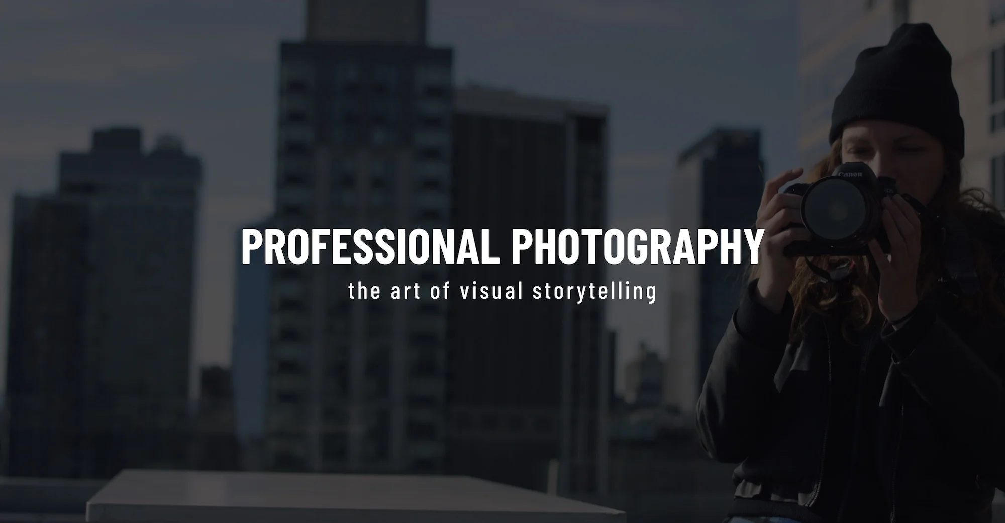 Keyword: Web Development .White Professional Photography The Art of Visual Storytelling title Creative Marketing Services by C&I Studios with dimmed background of woman with a camera taking a picture