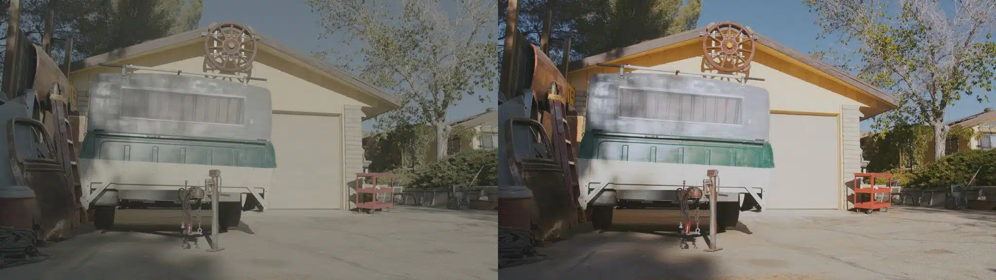 Why Having a Professional Film Editor Color Correct Your Films is a Must Side by side comparison of an image of a camper on a driveway