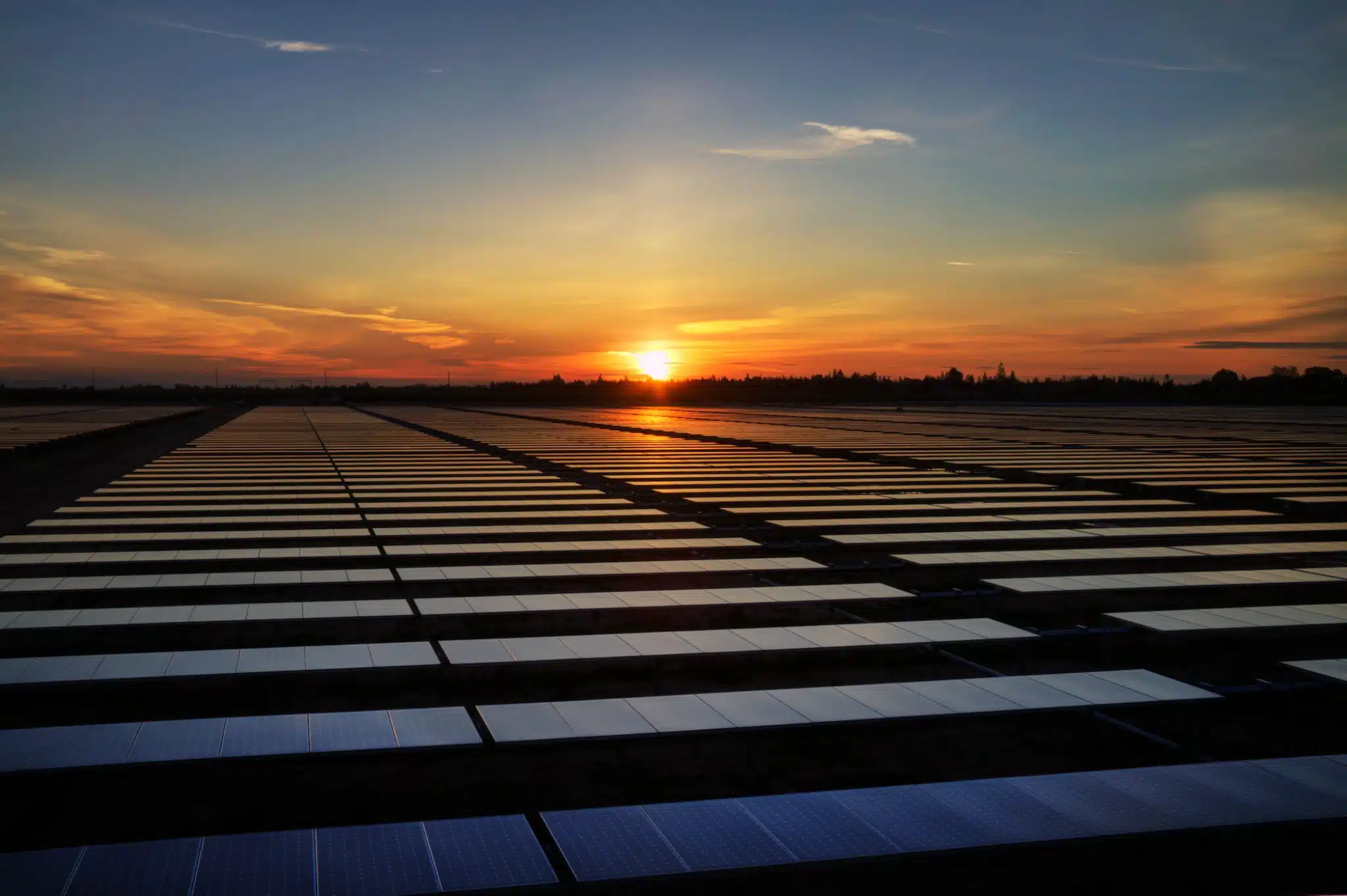 Aerial view of solar panels at sunset