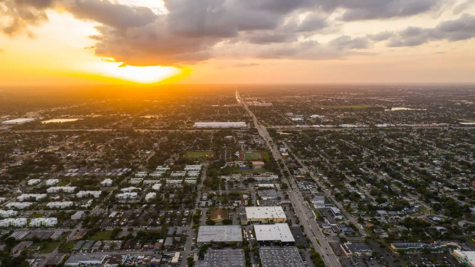 Aerial view of a town at sunrise