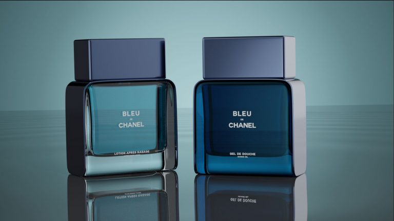 IU C&I Studios Page Two containers of Bleu De Chanel After Shave Lotion and Shower Gel on display