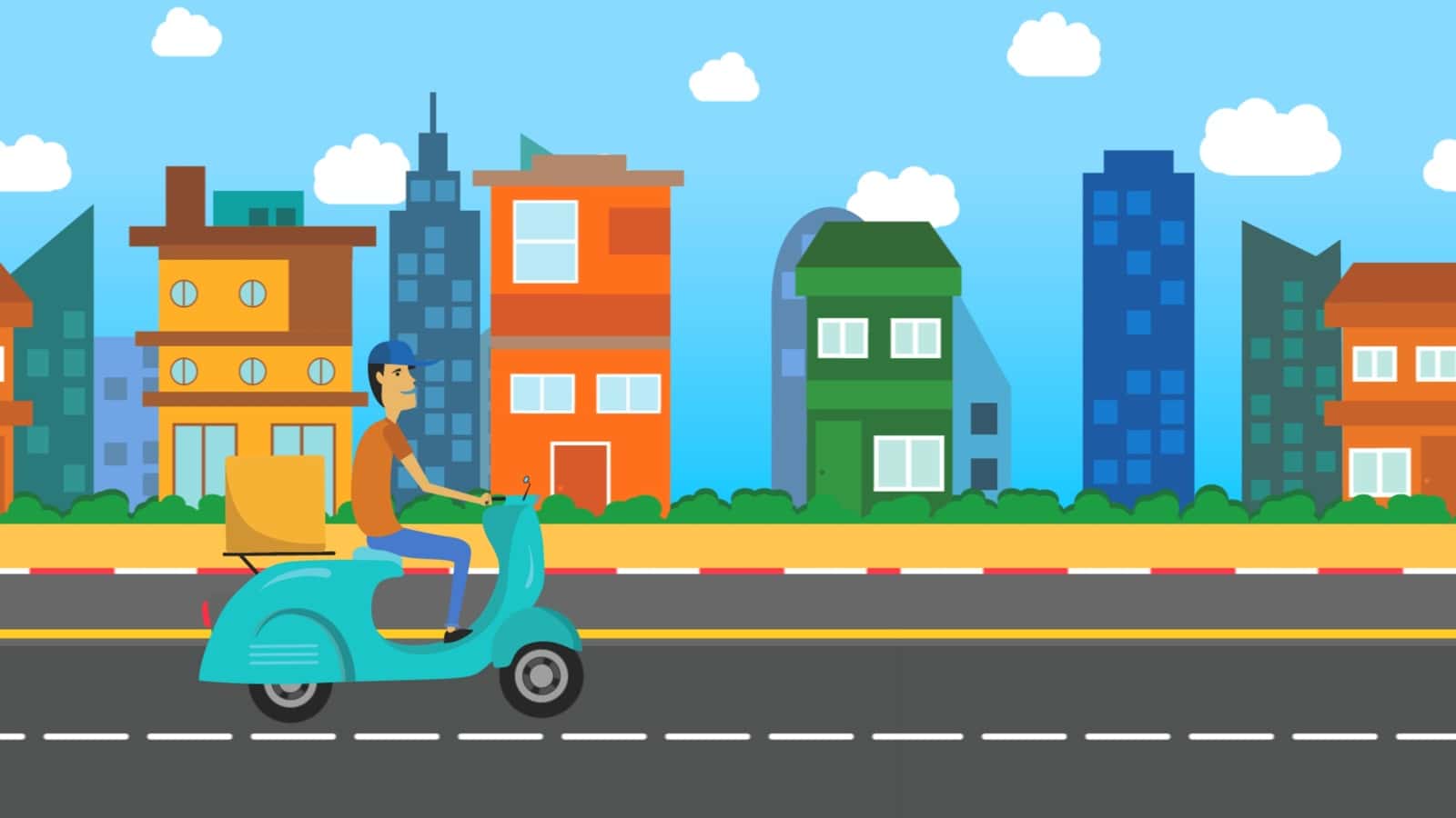 Marketing in the metaverse Things to consider Color graphic on man wearing a blue cap on a light blue scooter with a package on the back cruising down a road by buildings