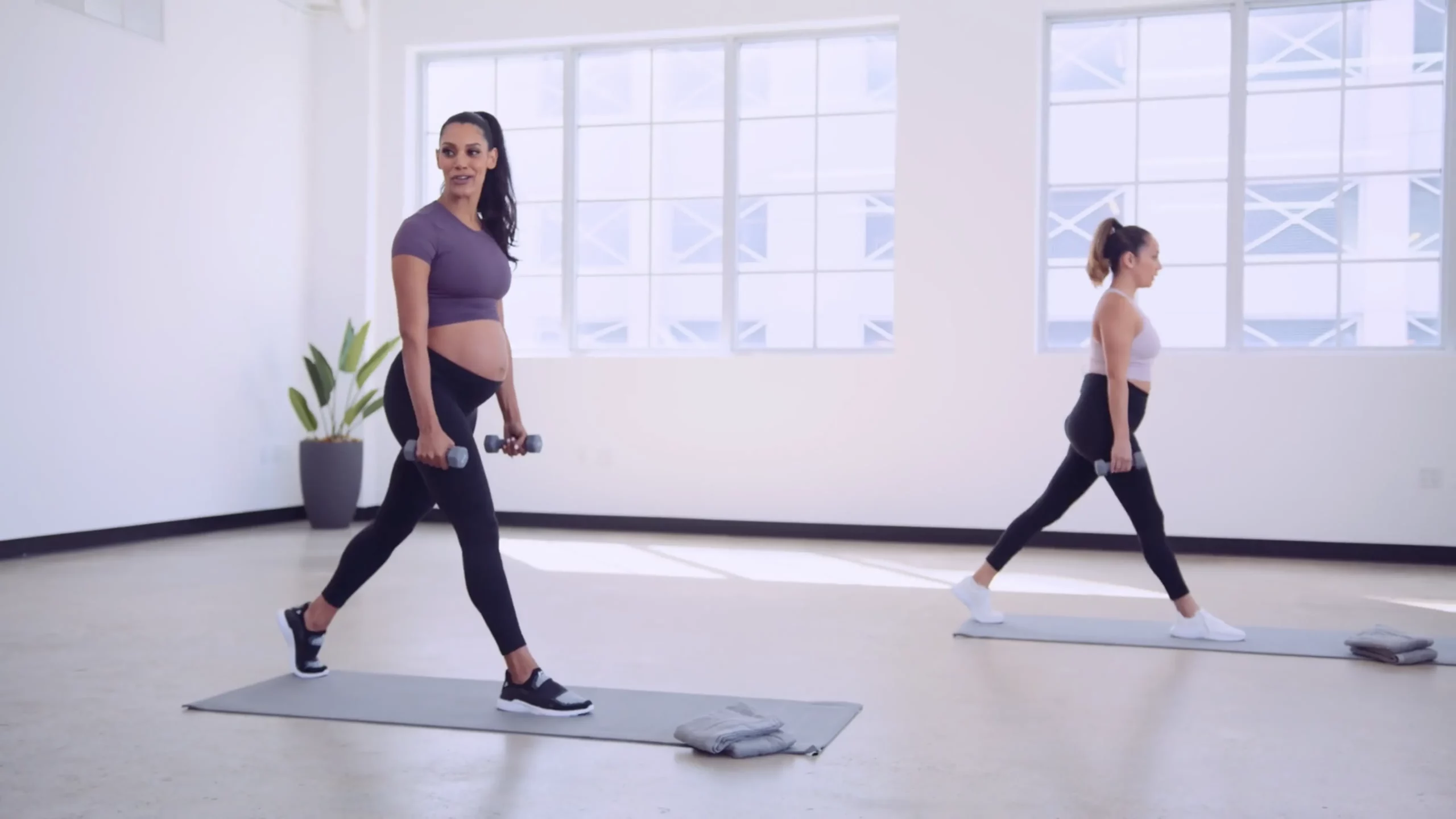 Two female exercisers doing dumbbell exercise moves