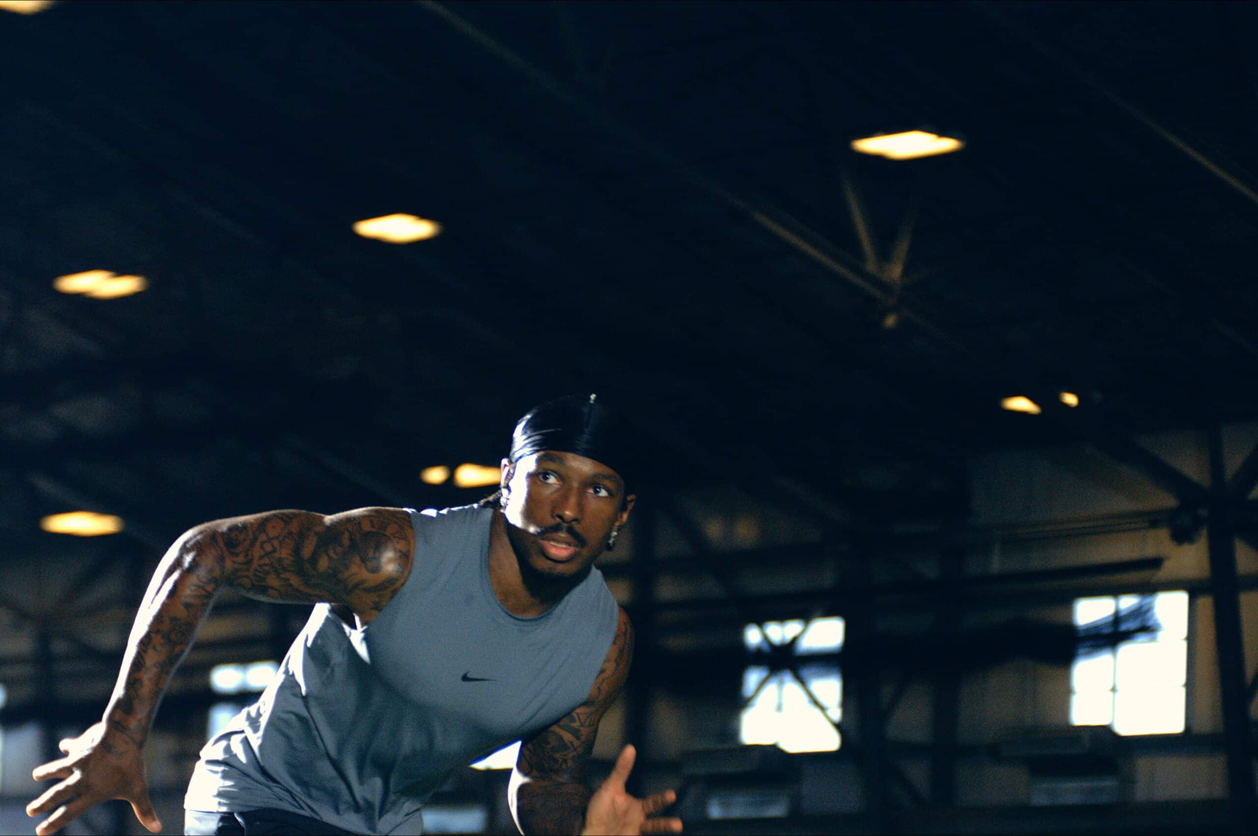 NFL player Mecole Hardman Jr. getting ready to run a wide receiver route