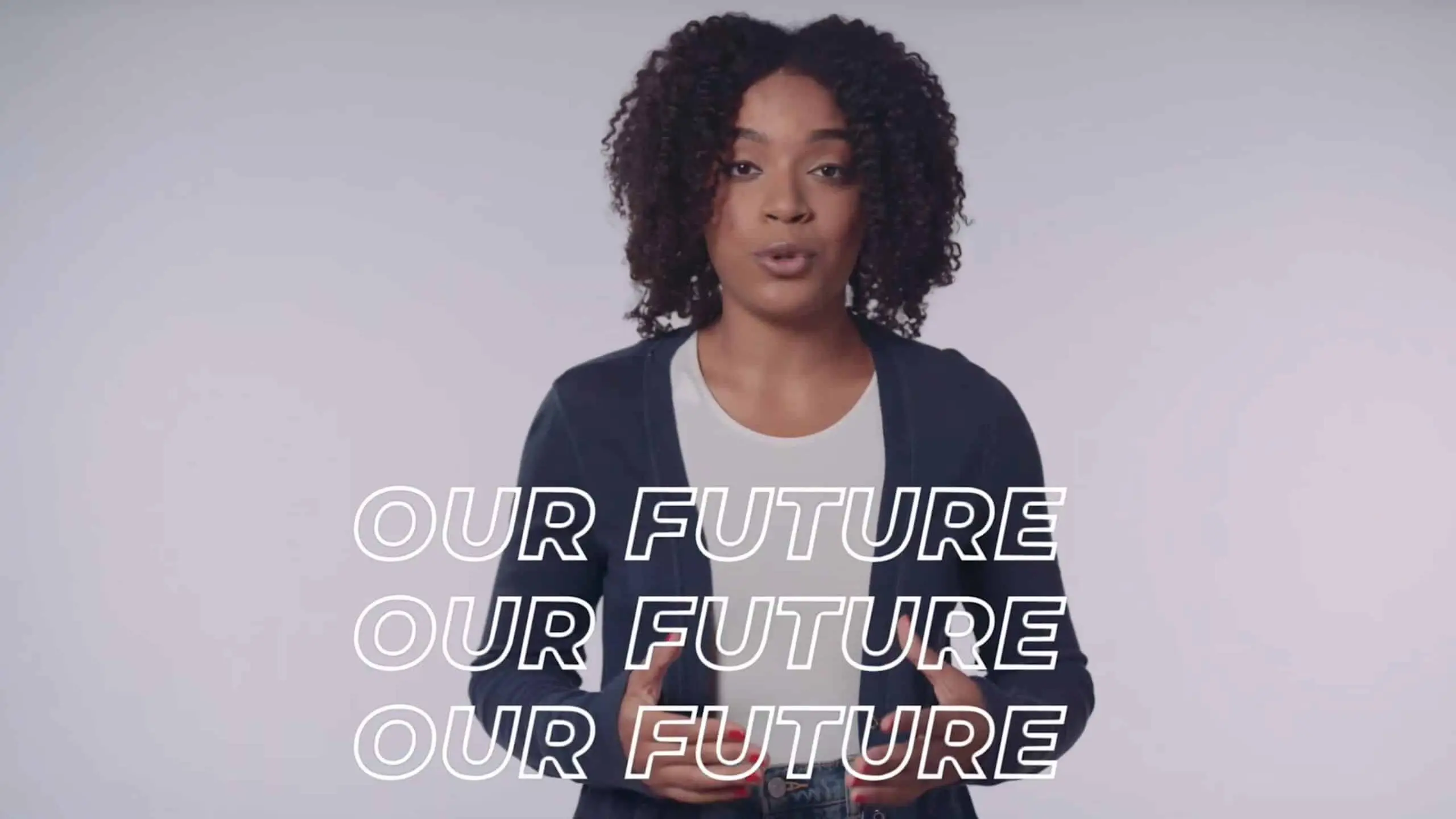 fvp-portfolio-blackpac2 Three white Our Future text on backdrop of woman talking