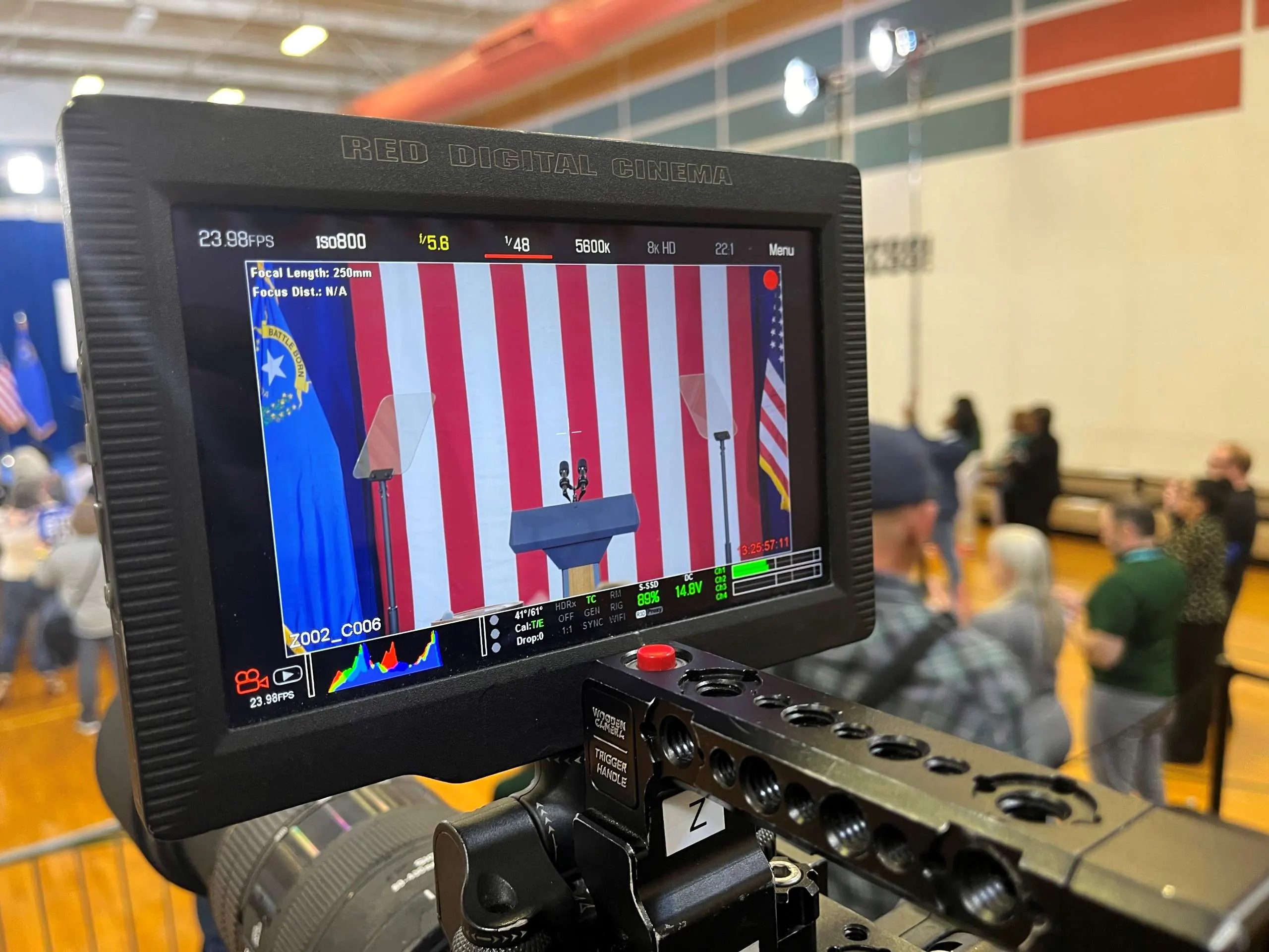 Kamala Harris 14 View through viewfinder of Kamala Harris stage with podium