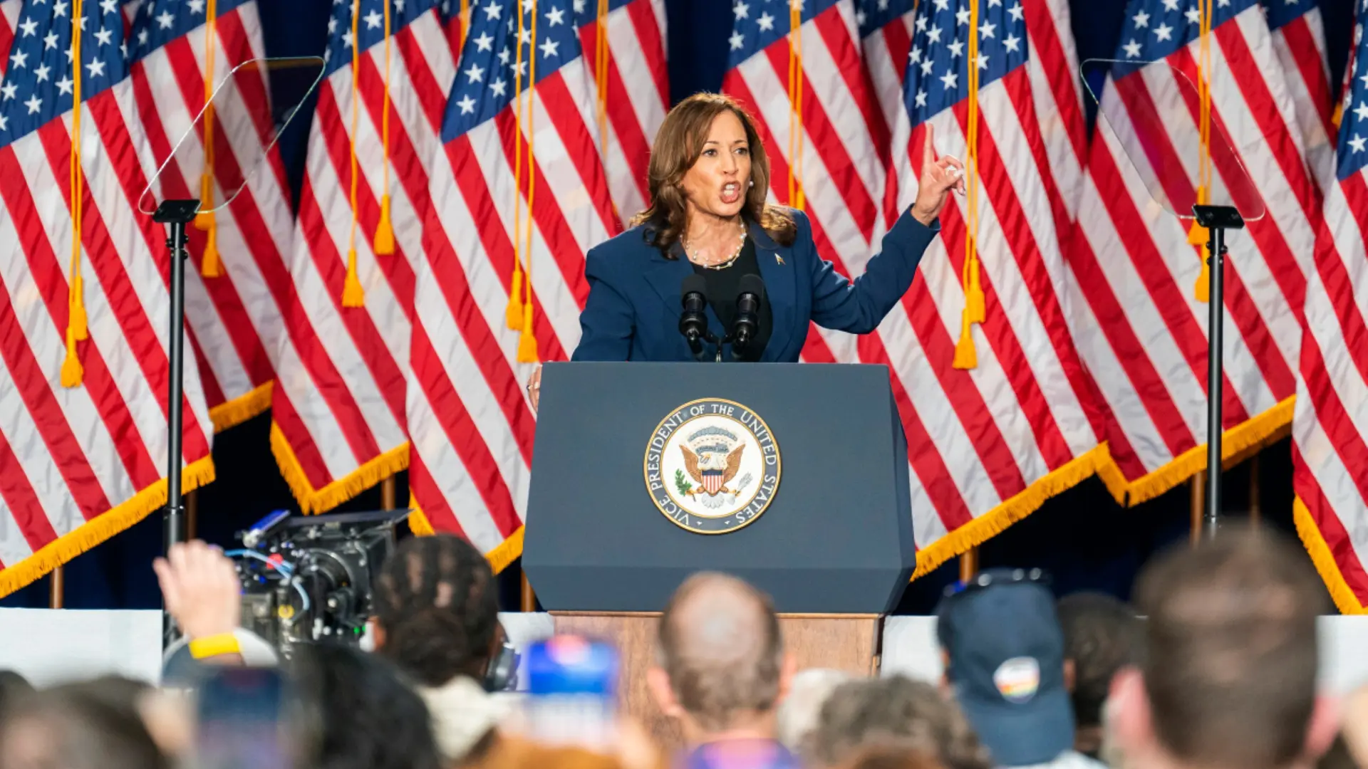 Kamala Harris 7 Kamala Harris speaking to audience in front of US flags
