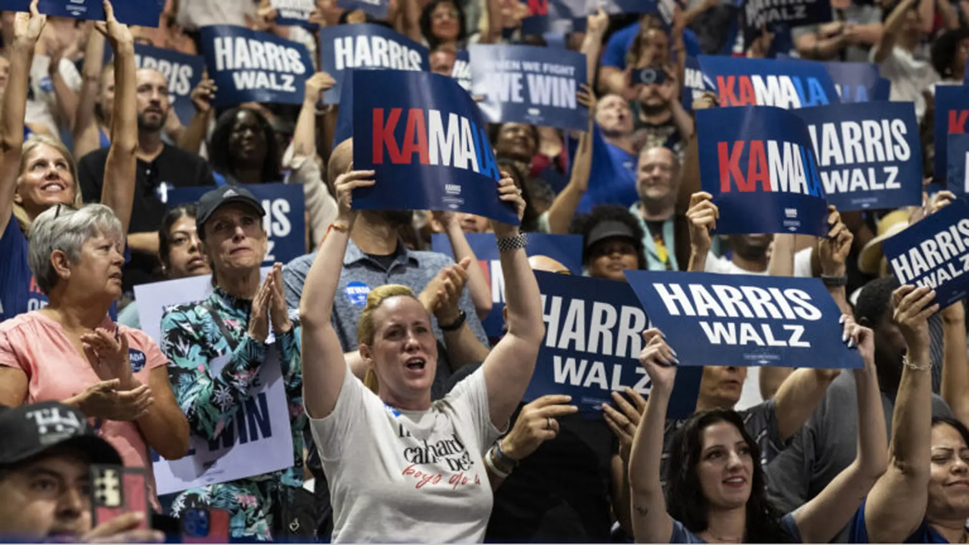 Kamala Harris 8 Kamala Harris crowd of supporters waving placards