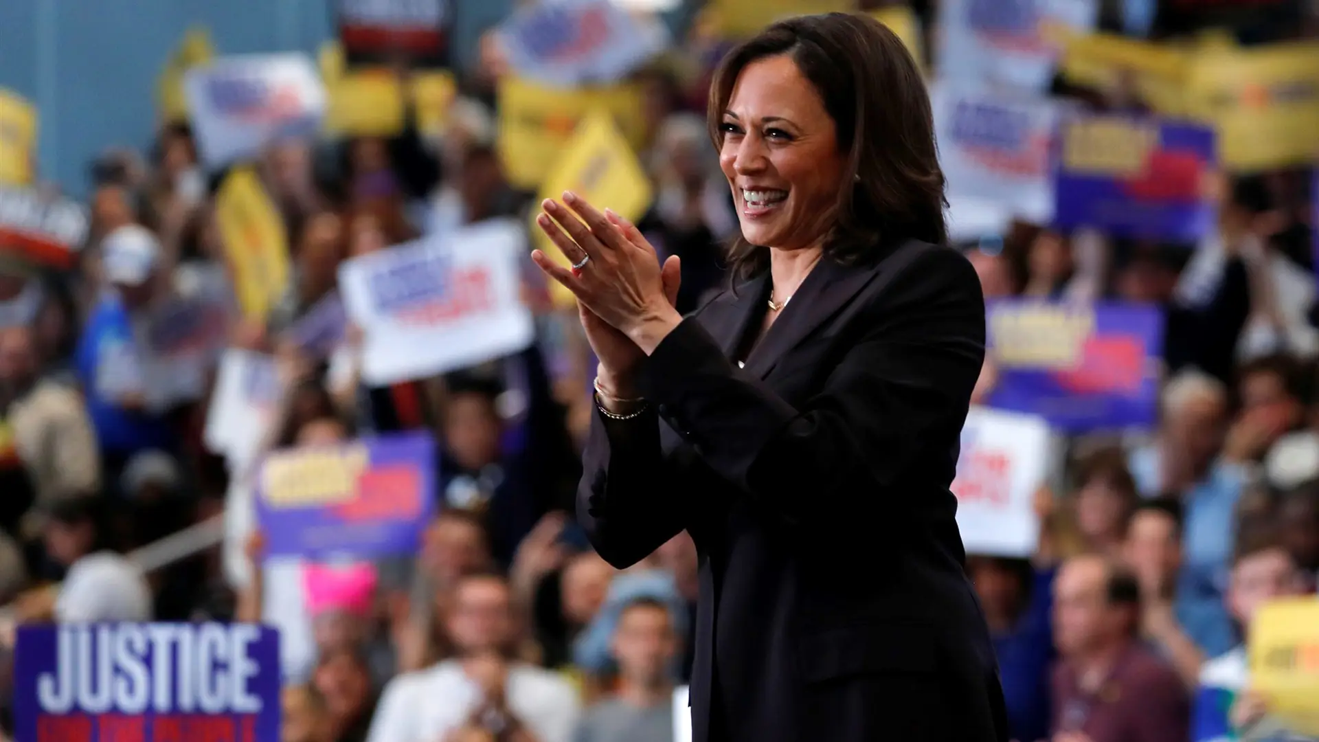 Kamala Harris 9 Kamala Harris smiling in front of crowd