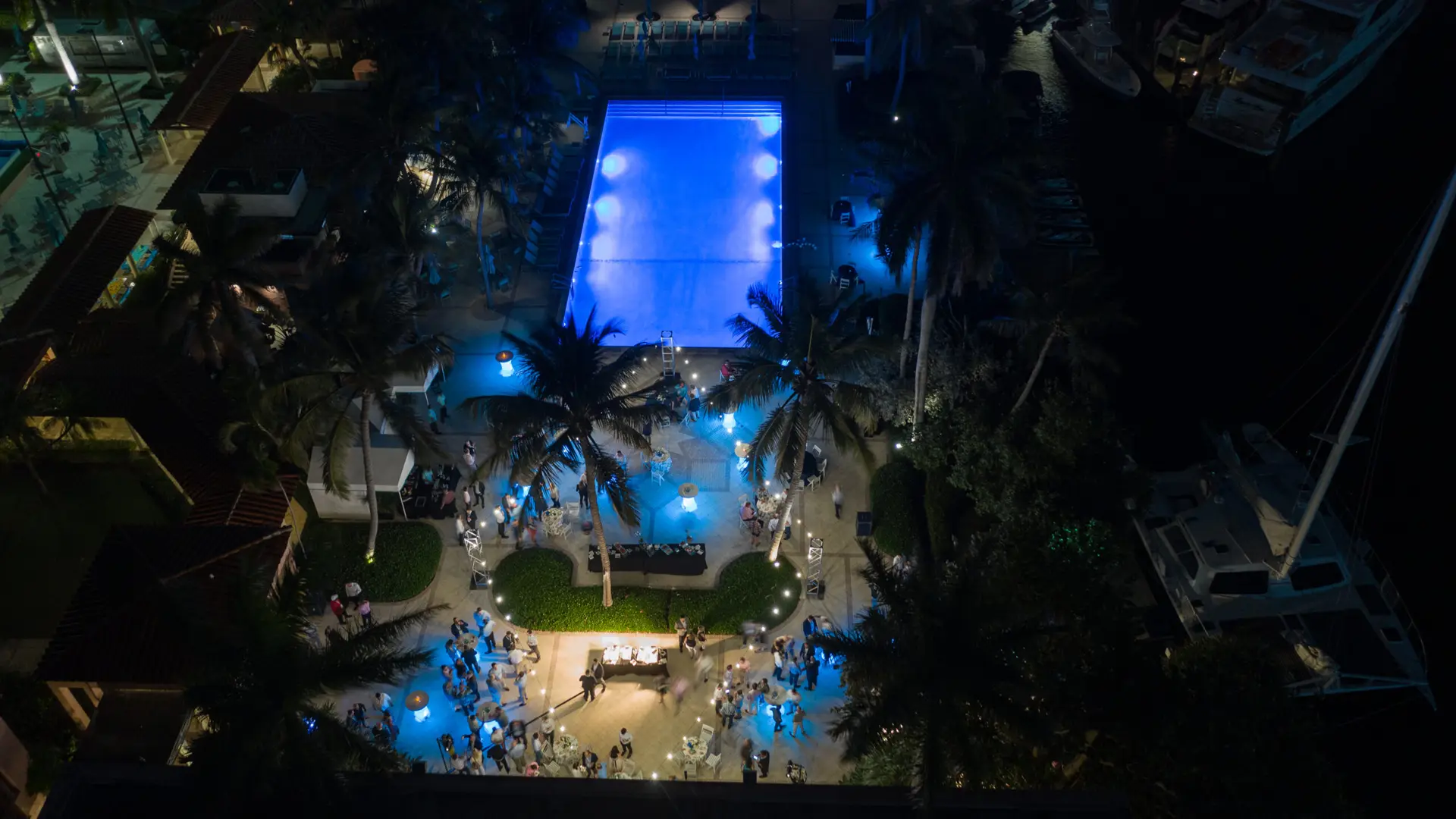 SFBTA 10 Aerial view of courtyard and pool at night