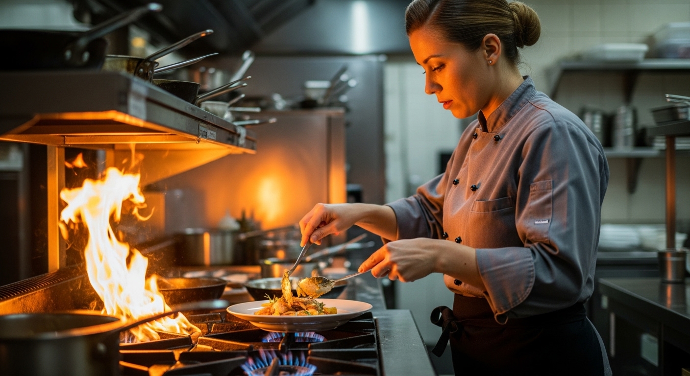 Side profile of woman cooking in a commercial kitchen