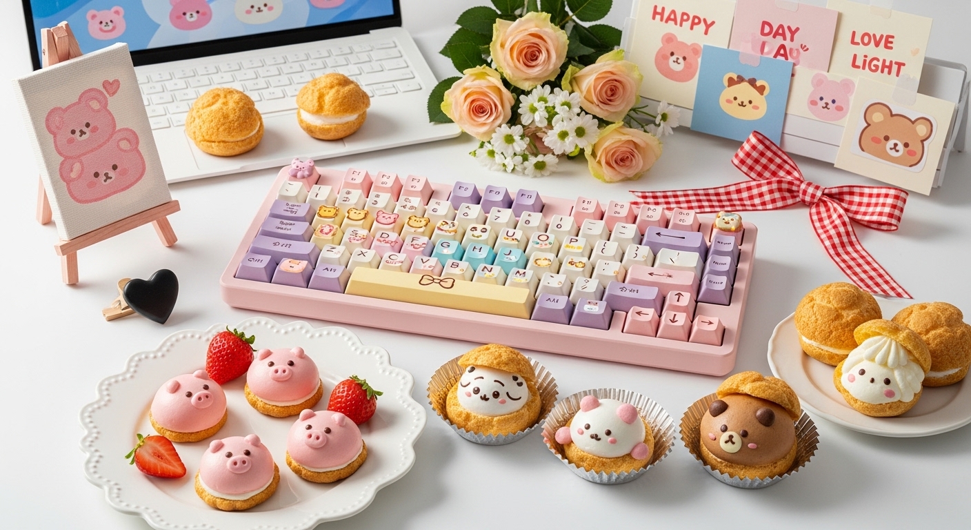 Many decorated macaroons on keyboard and by computer monitor
