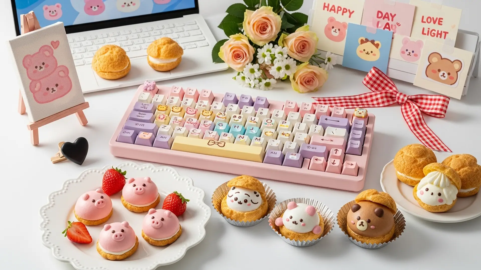 AI Video Services 32 Many decorated macaroons on keyboard and by computer monitor