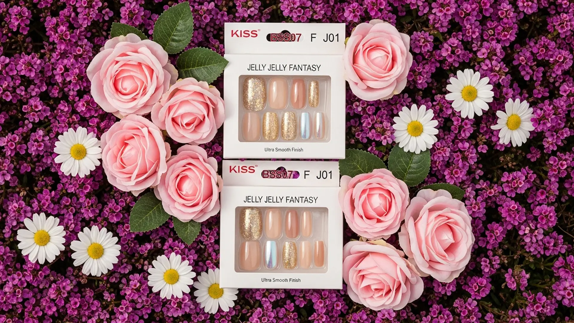 AI Video Services 30 Fake nails on display surrounded by flowers
