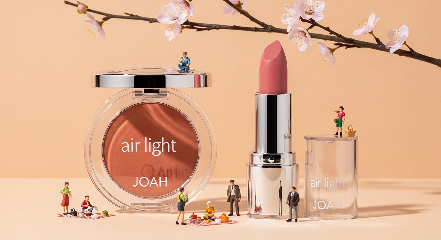 Graphic of makeup products surrounded by small people