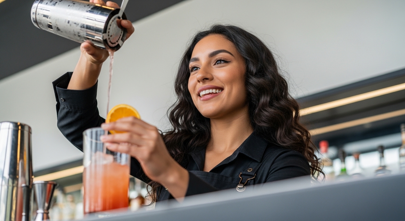 Woman smiling pouring a cocktail from a cocktail mixer into a glass