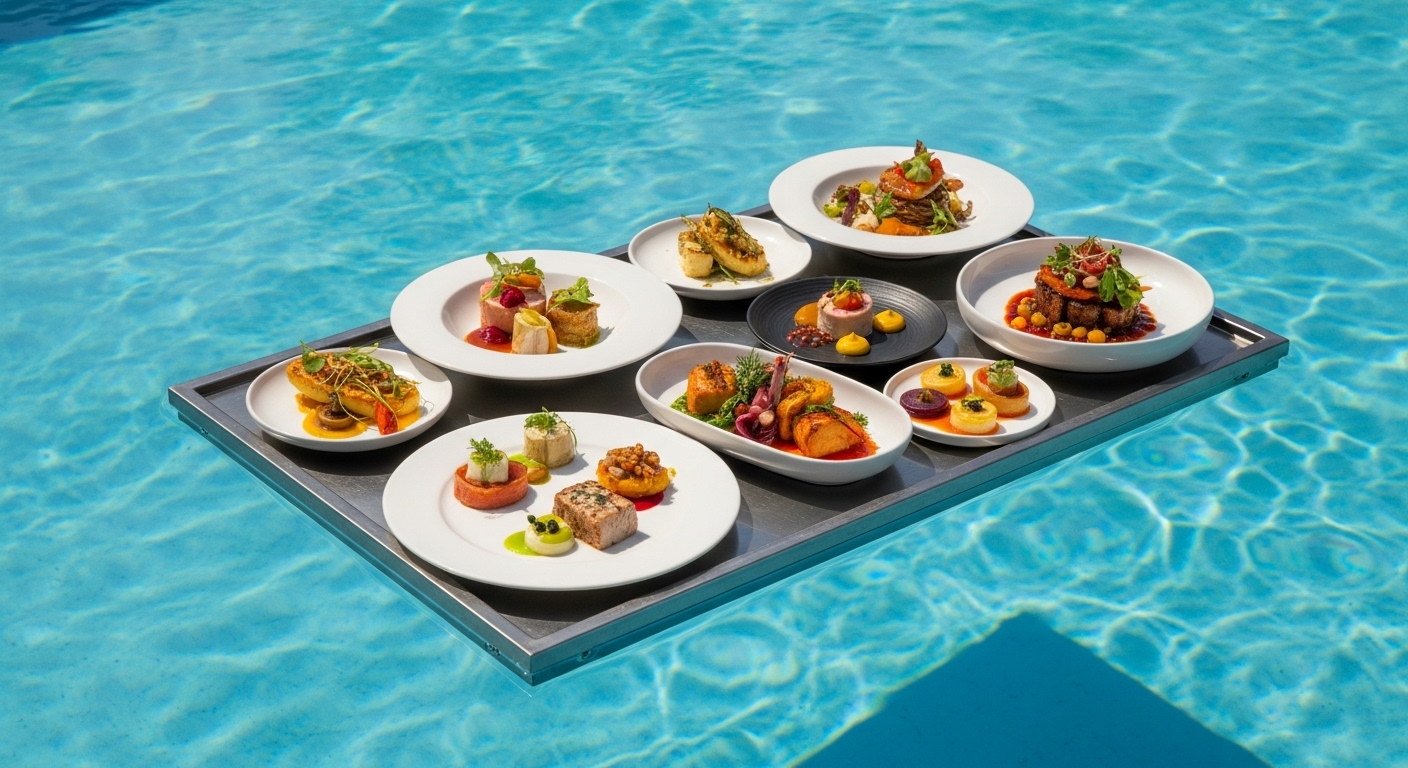 Nine dishes floating on a tray in a pool