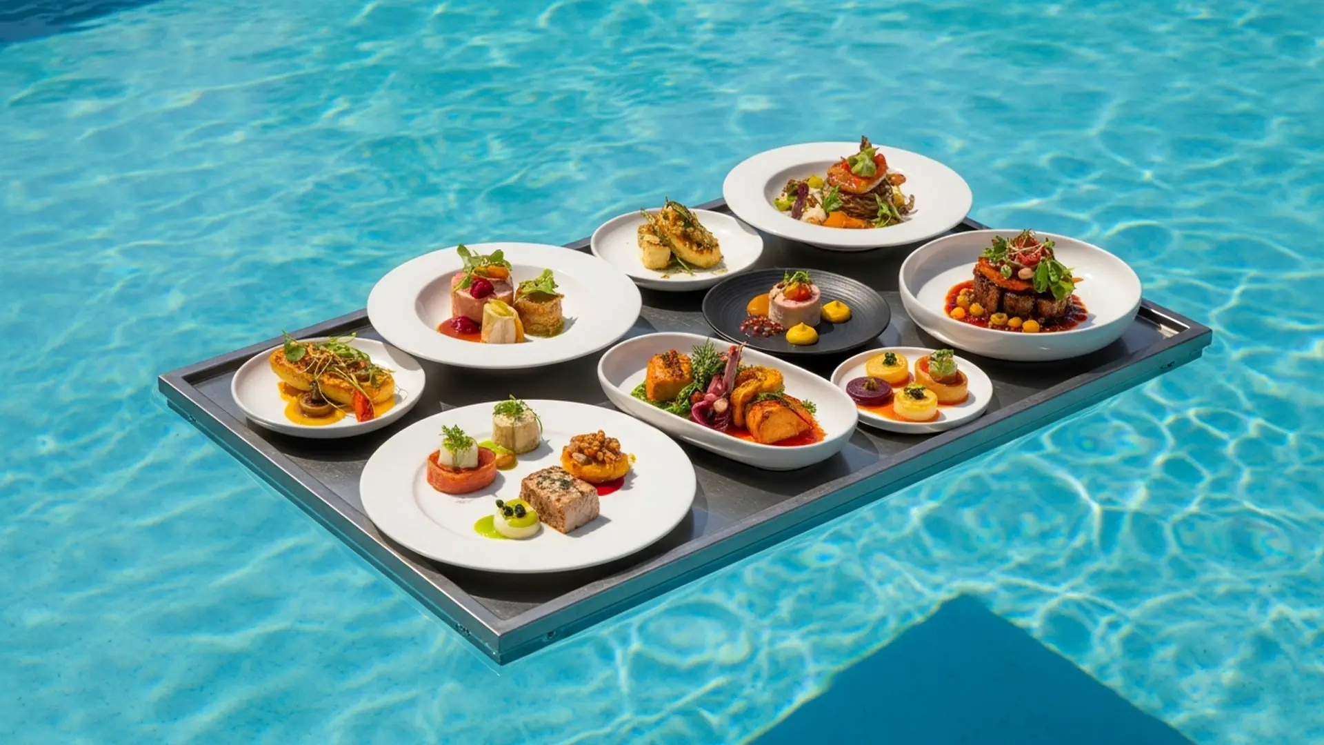 AI Video Services 21 Nine dishes floating on a tray in a pool