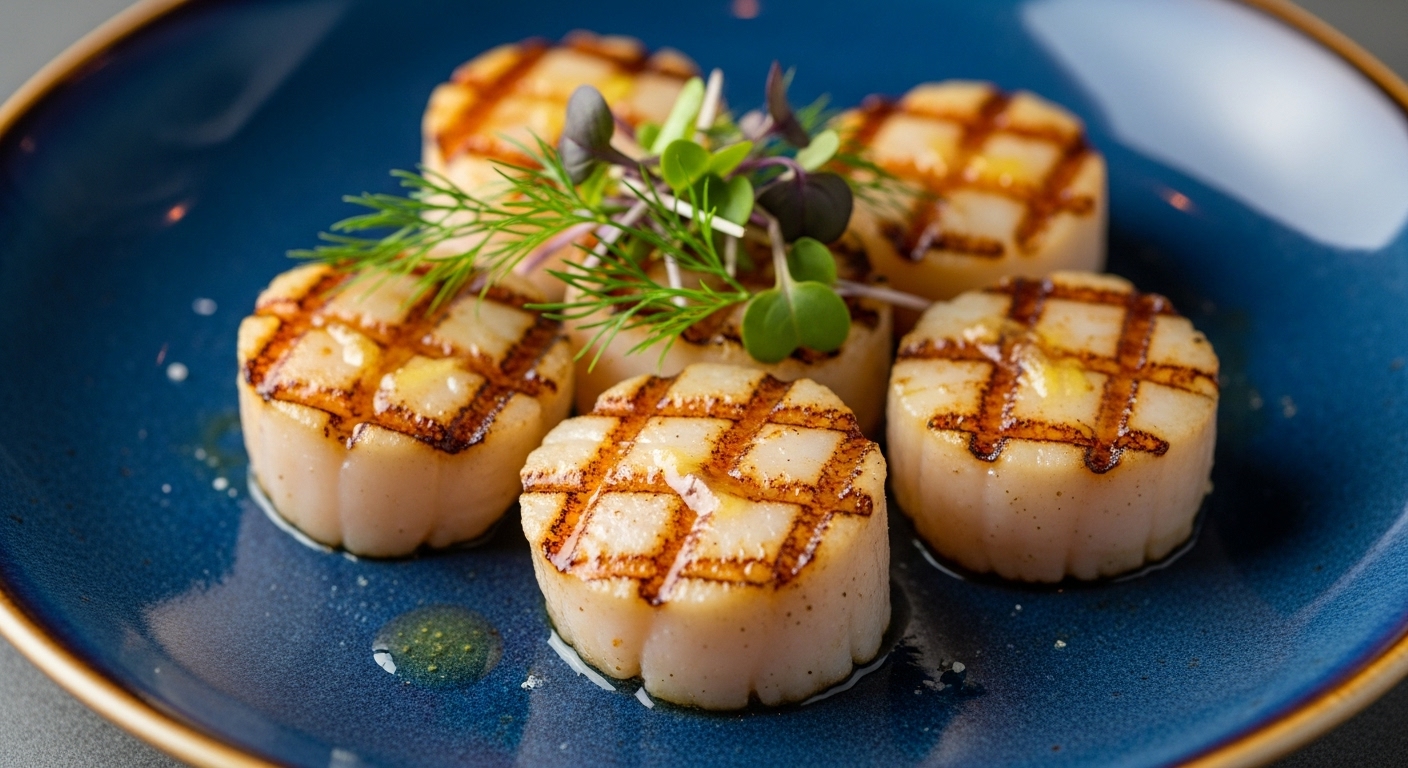 Five grilled scallops on a plate with garnish