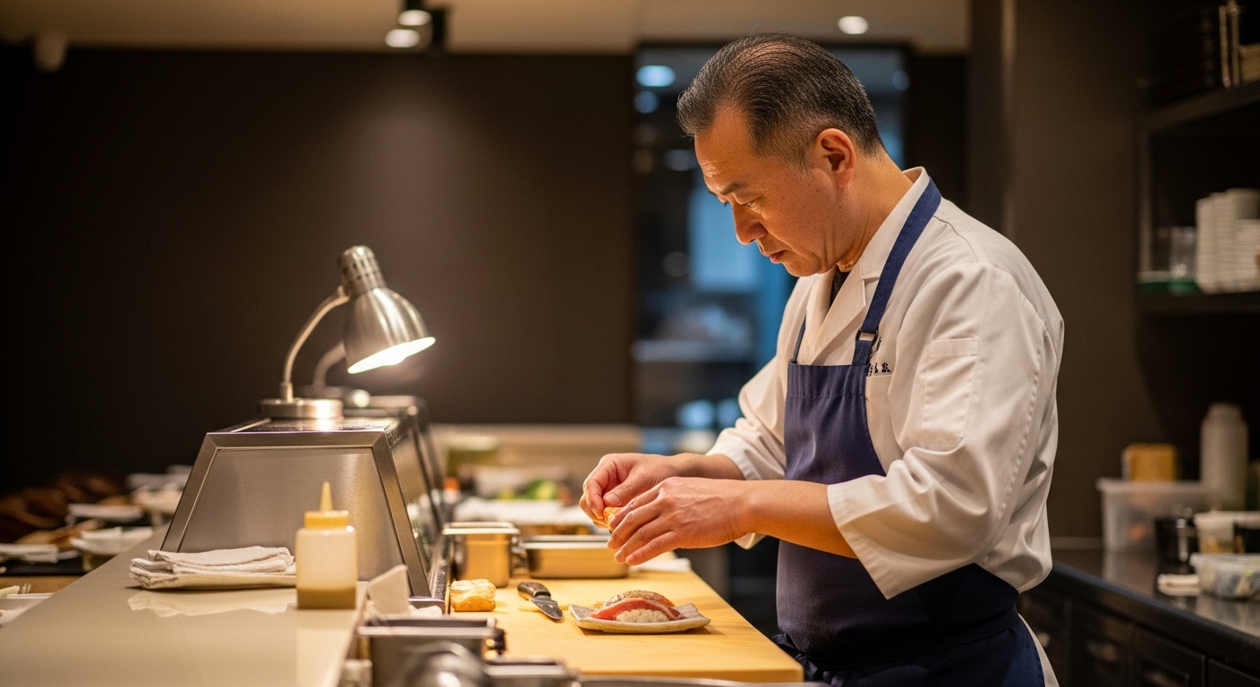 Side profile of Asian chef preparing a dish