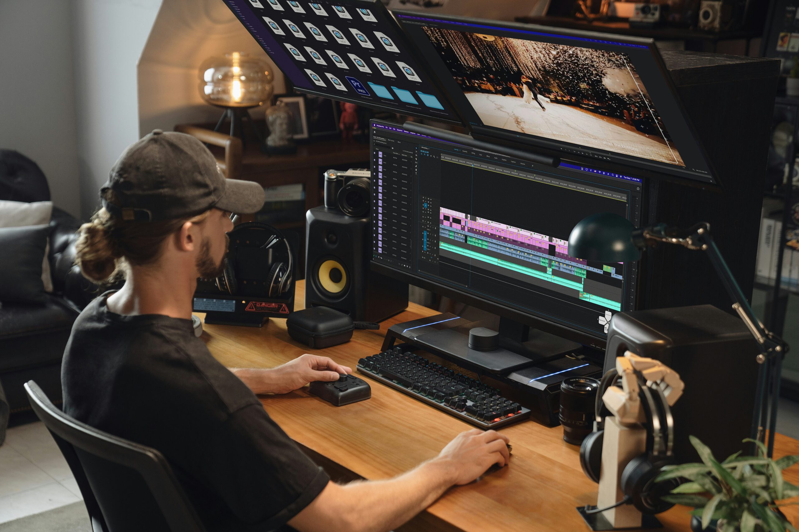 man sitting at desk doing video editing work