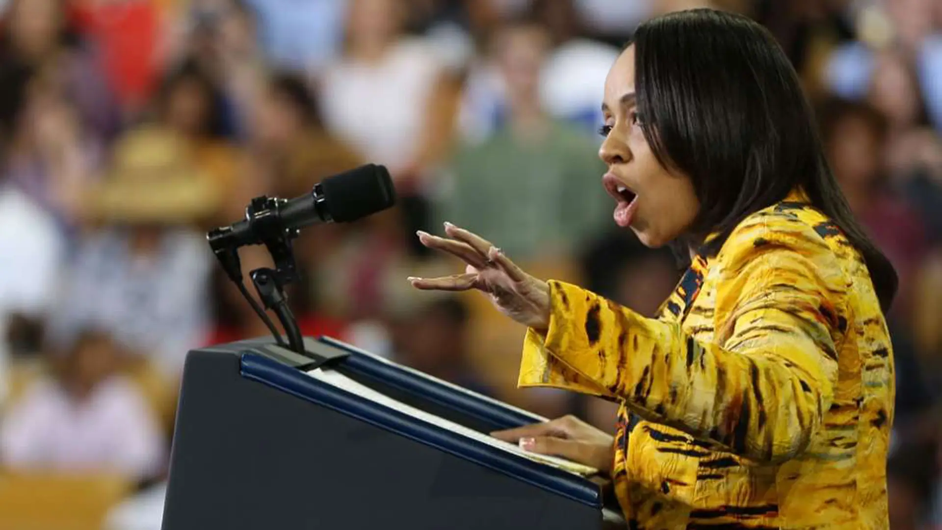 Aramis Ayala 8 Side profile of Aramis Ayala speaking at podium to crowd