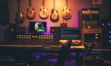 Professional voiceover recording booth with microphone and acoustic treatment