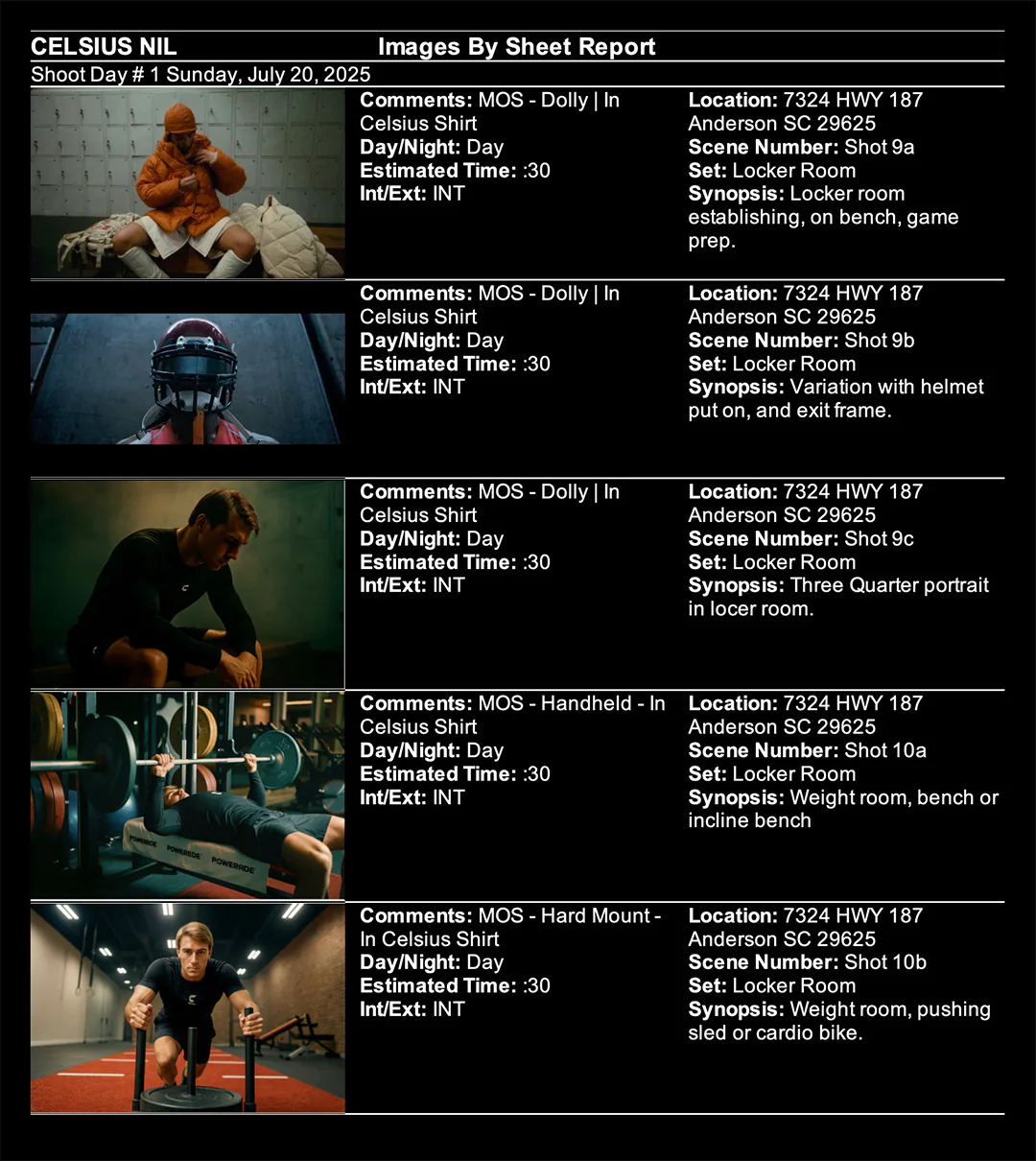 Image of Celsius commercial shot list and production schedule