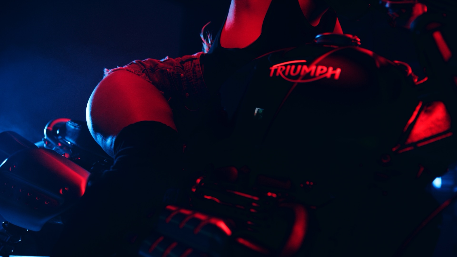 Beatriz Corbett Model Profile Video Production 12 Beatriz Corbett color graded model profile with red and blue lighting on Triumph motorcycle