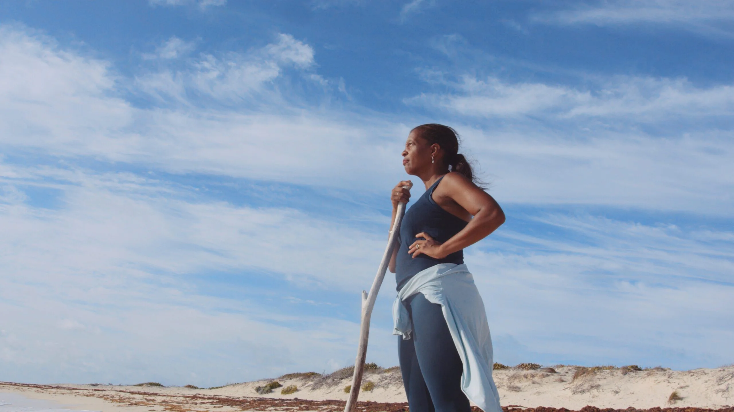 Marina Bland on the dunes of Ragged Island in the Bahamas