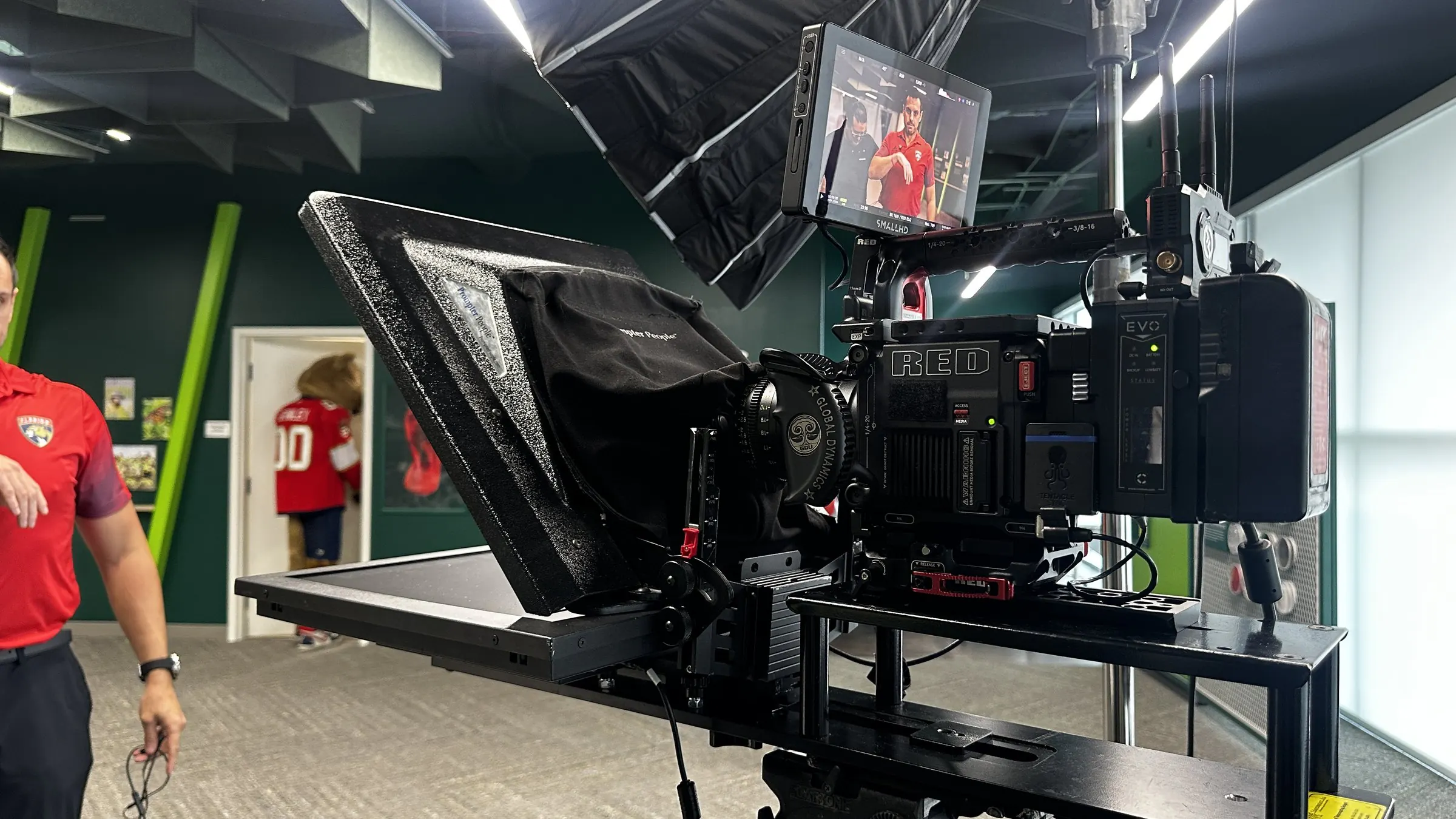 Conceptual Communications: Waste Management 18 Teleprompter and camera setup, Waste Management recycling facility video production