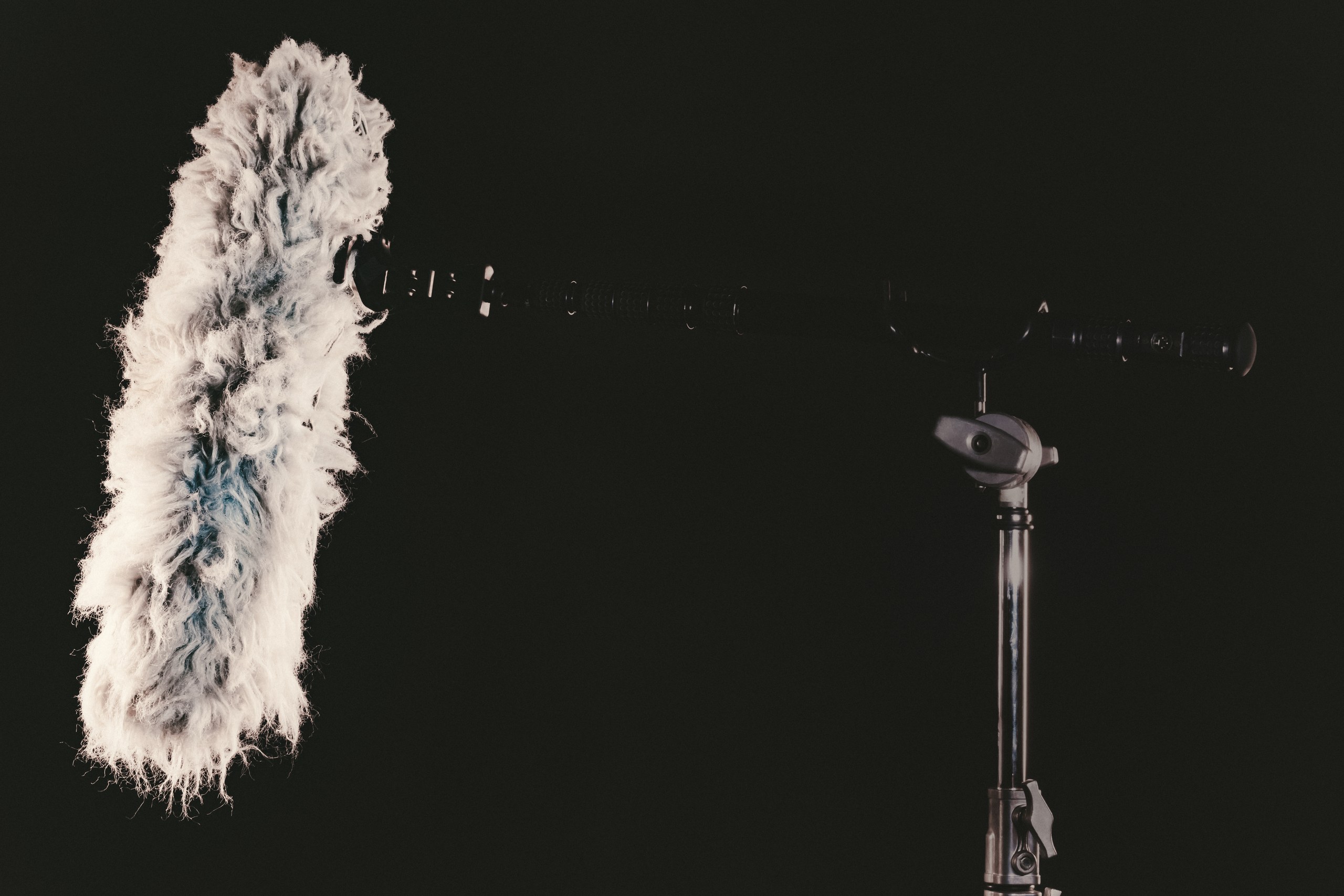 Gear 23 Shotgun microphone with a windjammer mounted on a stand