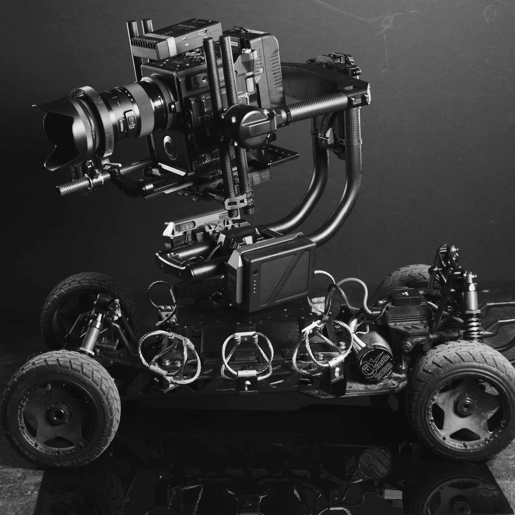 Gear 33 Tero camera car with a cinema camera mounted on a gimbal head