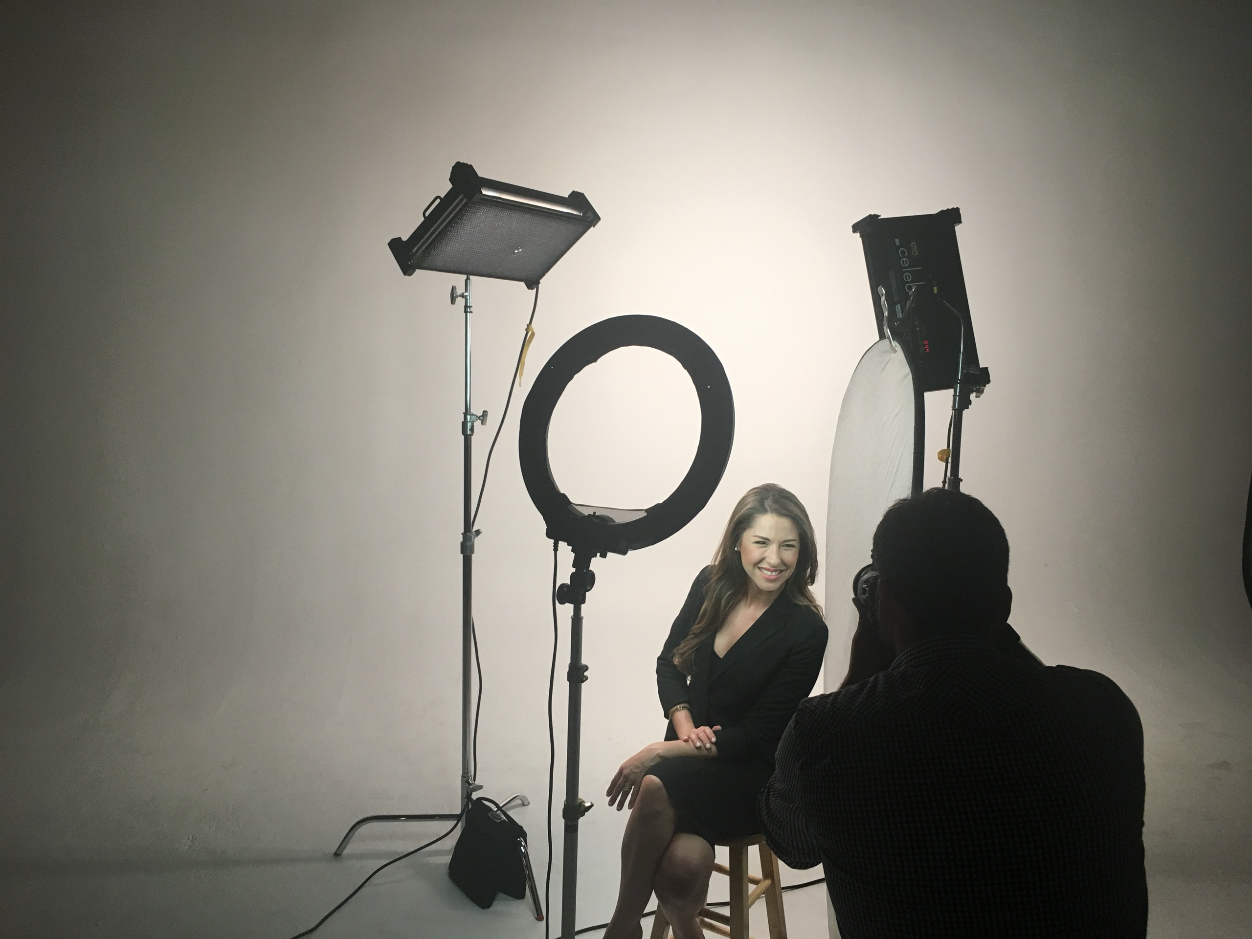 Lighting 1 Kino Flo Celeb ring light and LED panel lighting an interview on a white cyc at C&I Studios