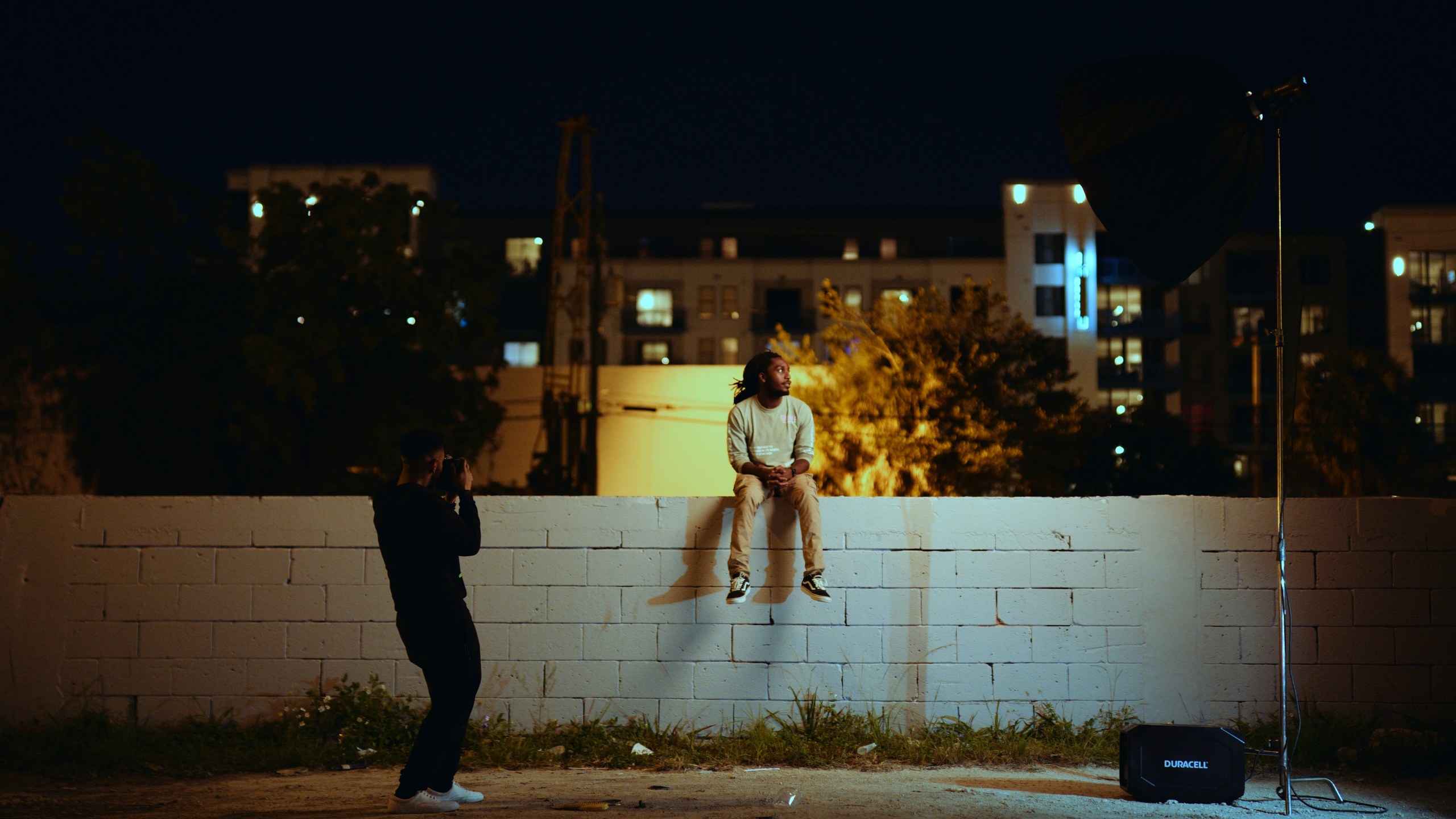 Lighting 19 Night exterior portrait lit with a battery powered source on a stand