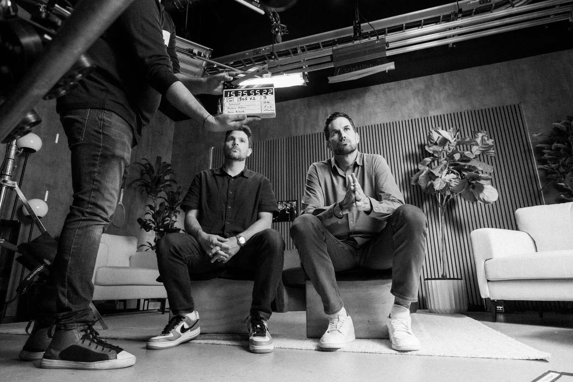 Tennis Channel 17 Slate on the Throwbacks podcast set with Jerry Ferrara and Matt Leinart