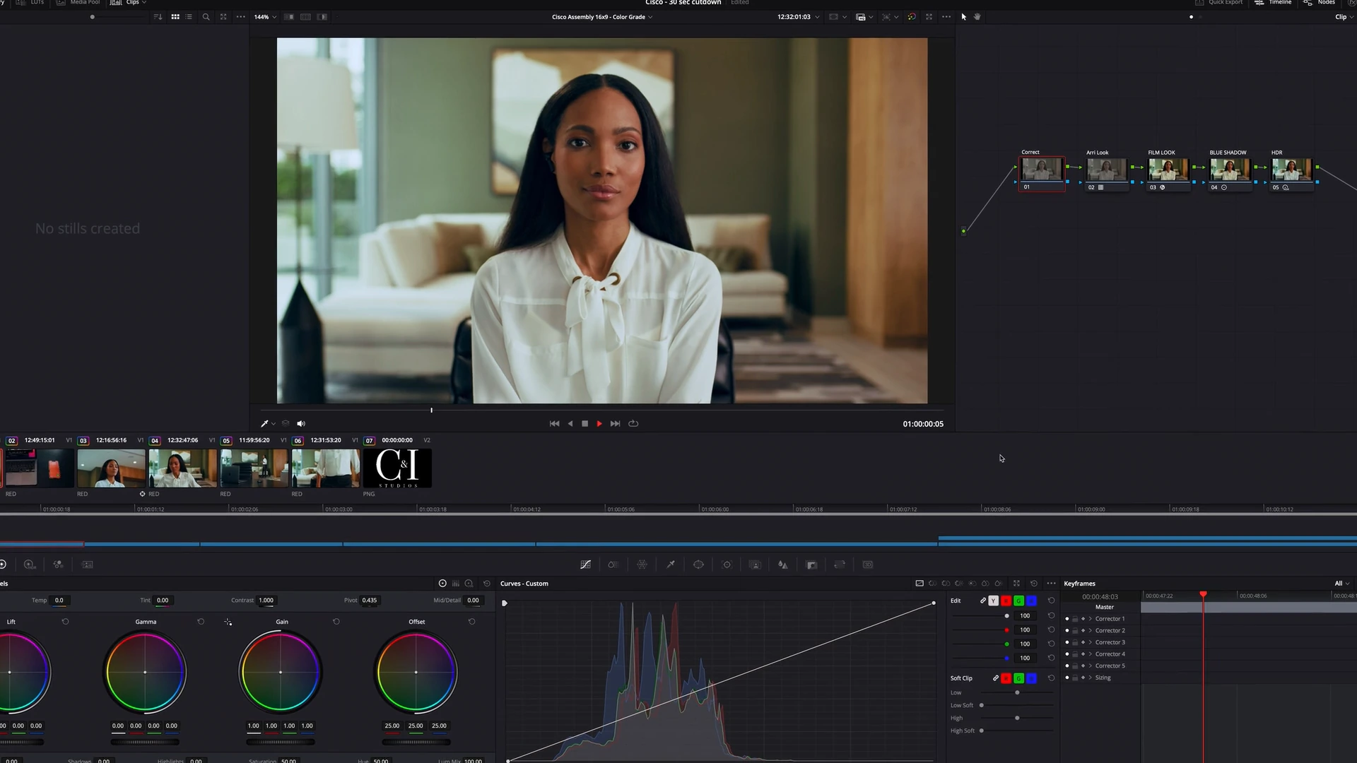 What Color Grading Does to Your Brand Video 4 Color grading node tree for a brand video in a C and I Studios session