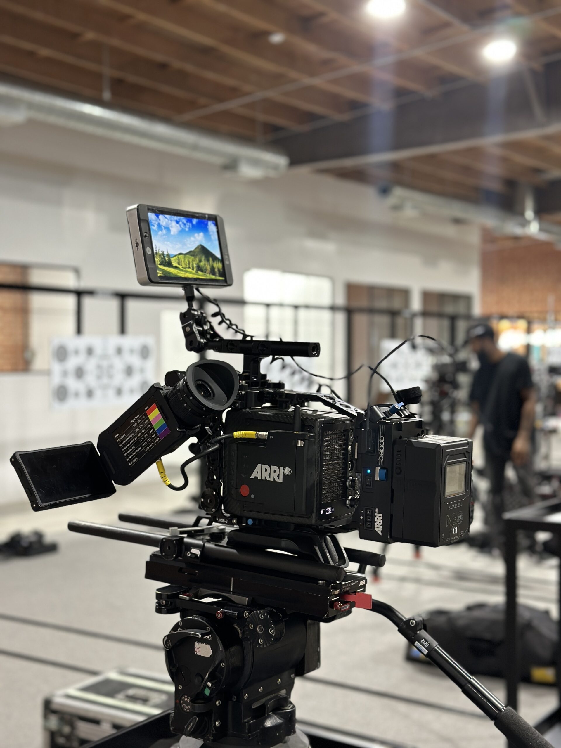 Hawk Lenses 7 ARRI Alexa Mini LF set up for a lens test against a focus chart at C&I Studios