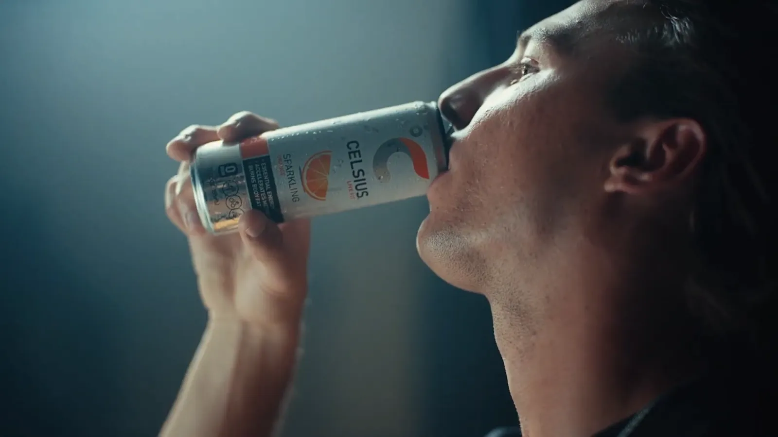 Color Grading Services 8 Frame from a Celsius commercial of an athlete drinking a can of Celsius