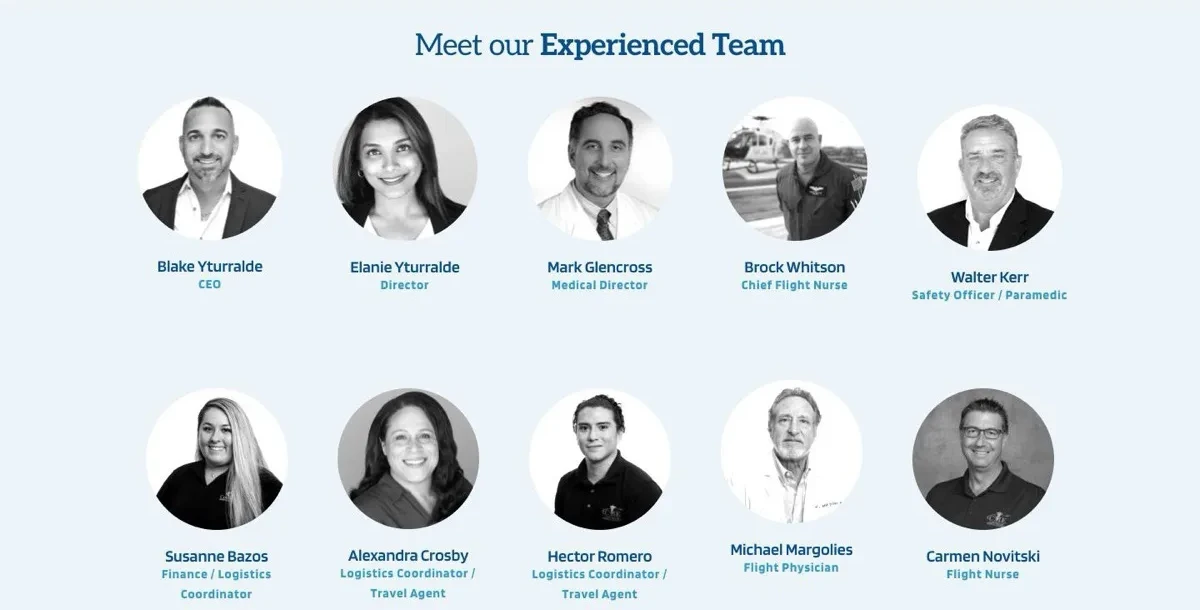 Commercial Medical Escorts 8 Meet Our Team page C&I Studios designed for Commercial Medical Escorts, a black and white headshot grid